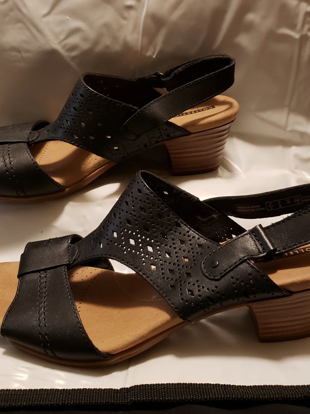 Clarks Black Perforated Leather Slingback Sandal with Low Block Heel